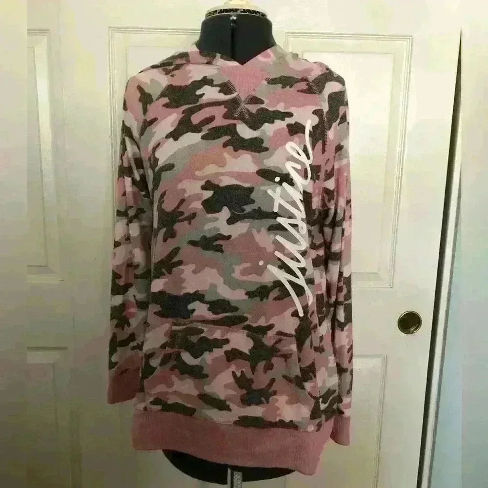JUSTICE camo pink gray white long sleeve knit hoodie youth 14-16